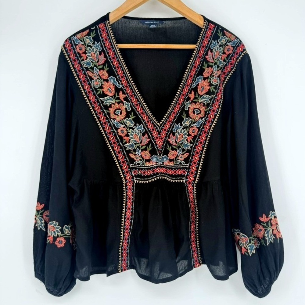American Eagle Black Embroidered Floral V-Neck Peasant Blouse‎ Balloon Sleeve S